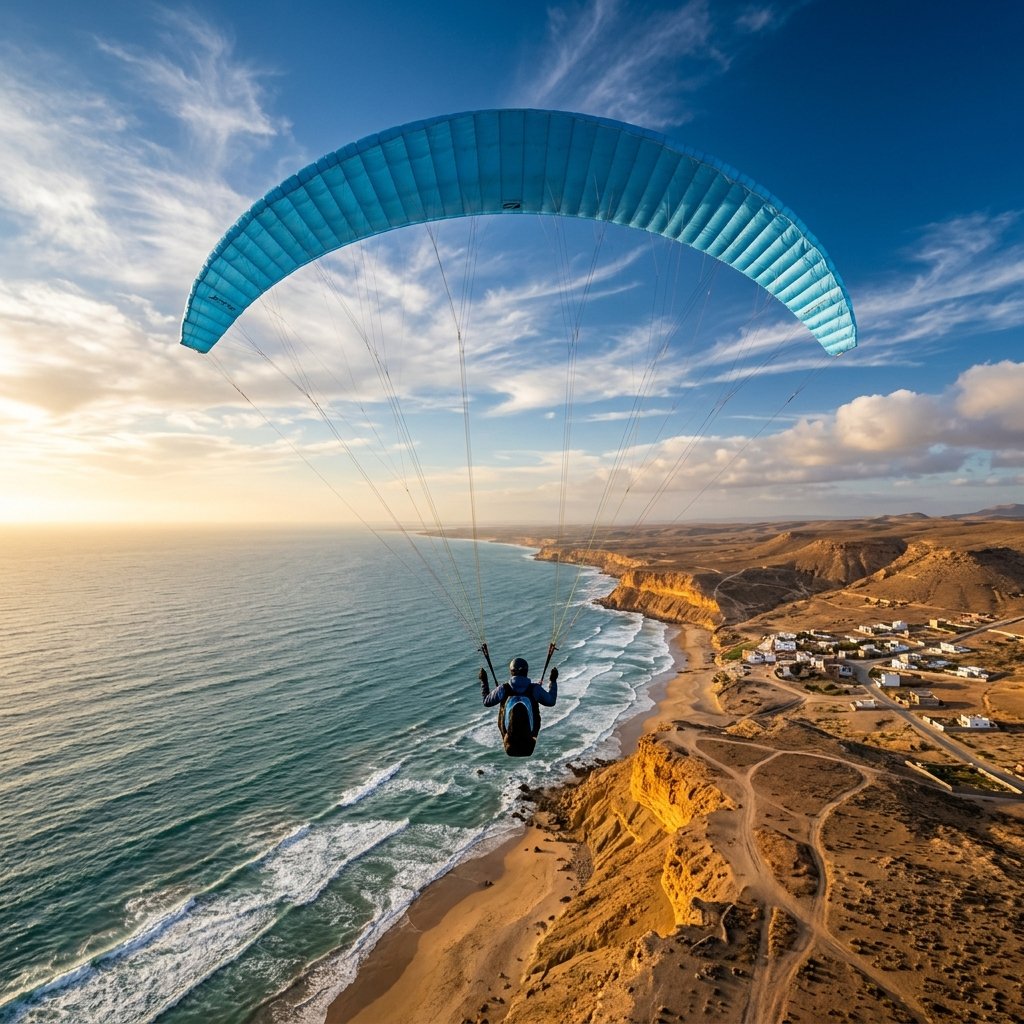 Paragliding over Aglou beach in Tiznit Morocco